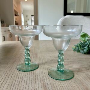 New Clear and Green Glass Margarita Glasses Set of 2 with Green Decorative Stem